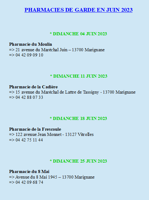 Les pharmacies de garde de JUIN 2023