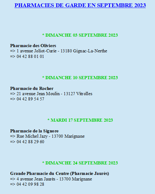 Les pharmacies de garde de SEPTEMBRE 2023